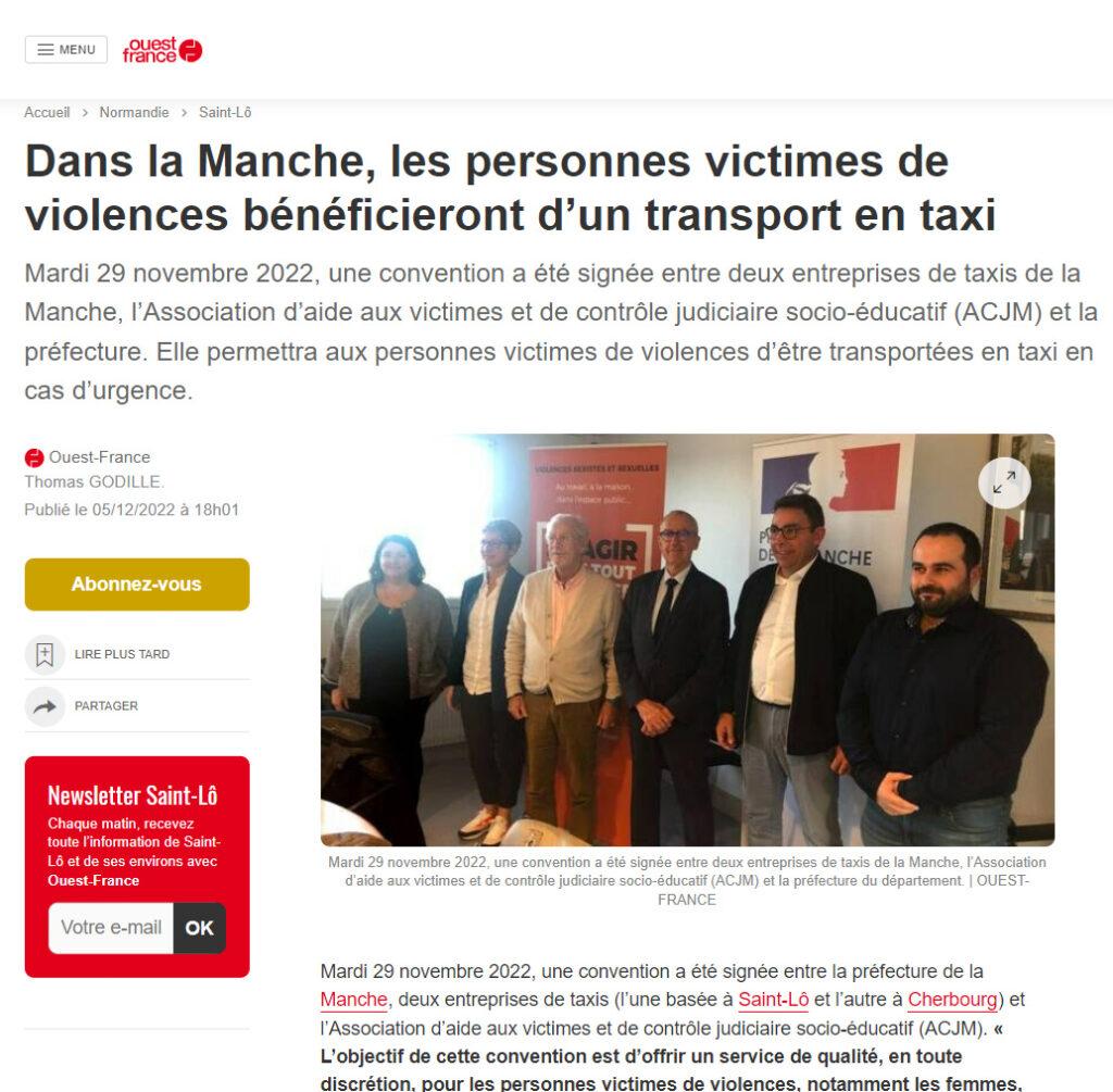 Article Ouest-France : "Dans la Manche, les personnes victimes de violences... bon de transport gratuit"