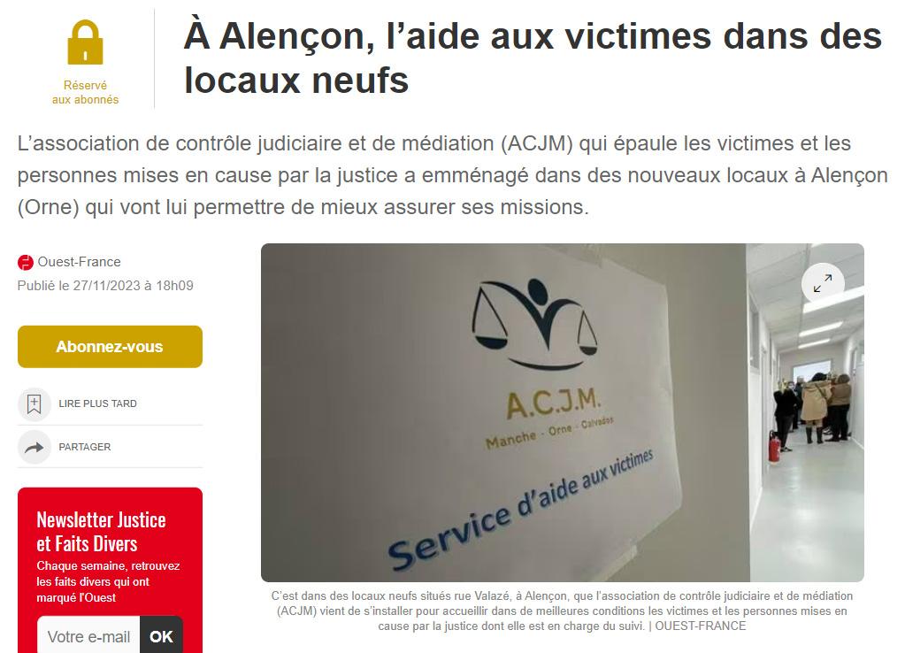 Article de Ouest-France sur les nouveaux locaux ACJM à Alençoon