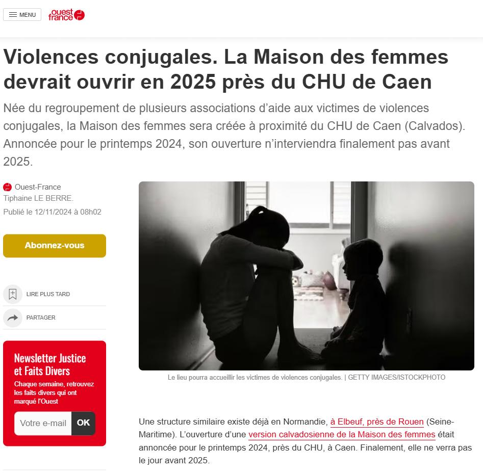 2024-11-12 Ouest-France - Violences conjugales_Maison des femmes Caen