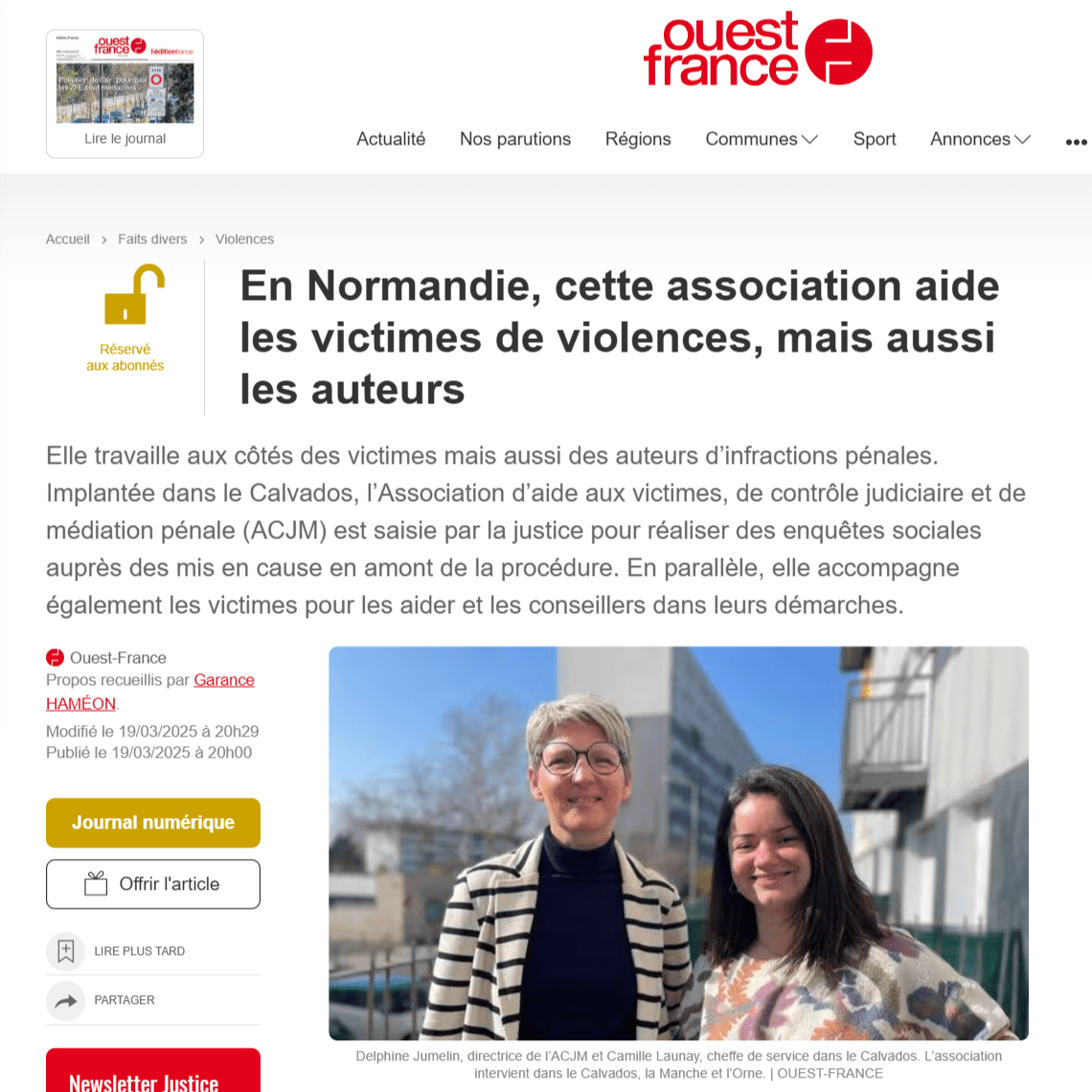 2025-03-19 article ouest-france.fr - En Normandie cette association aide les victimes de violences mais aussi les auteurs d'infractions