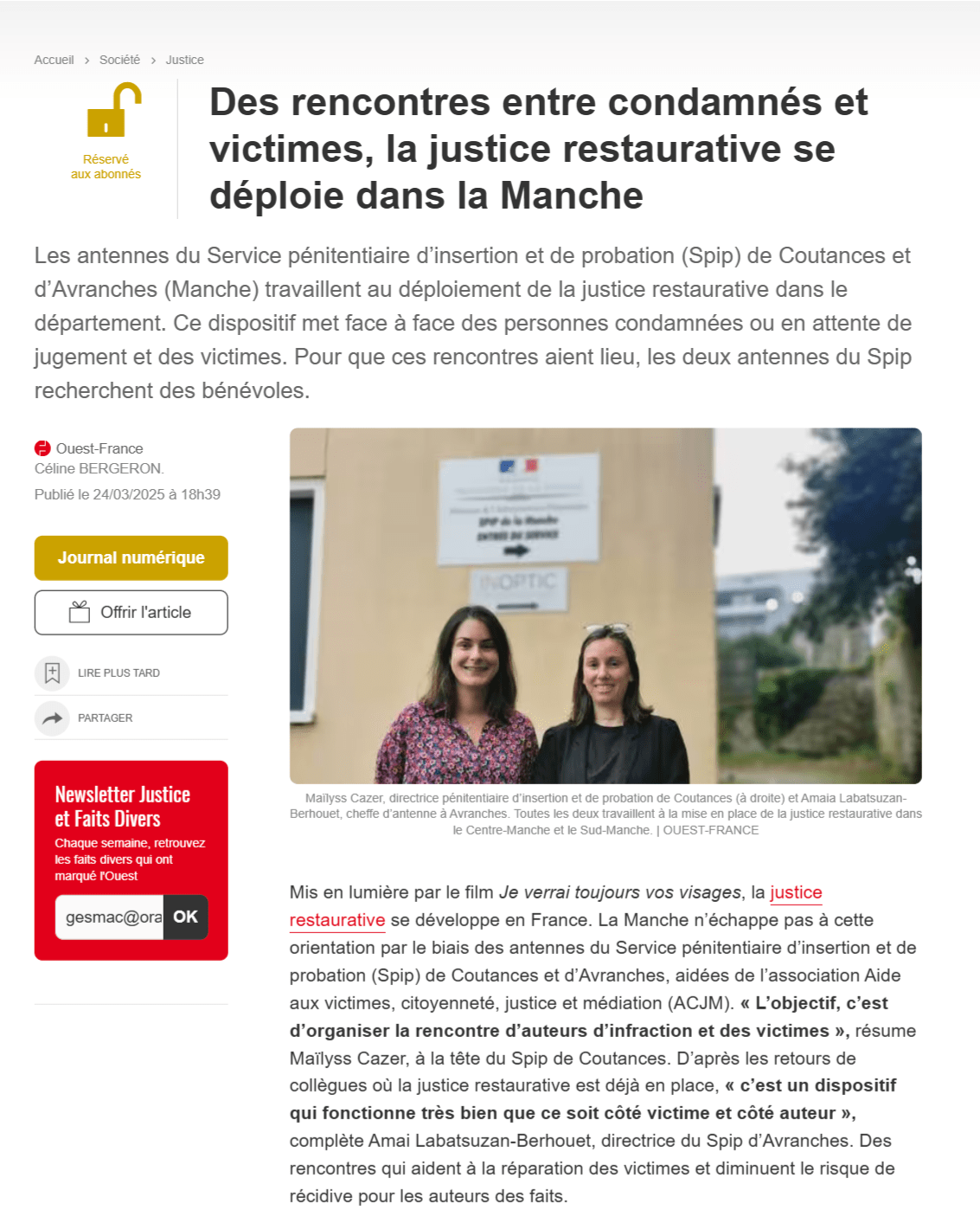 2025-03-24 - la justice restaurative - Des rencontres entre condamnés et victimes,[www.ouest-france.fr]