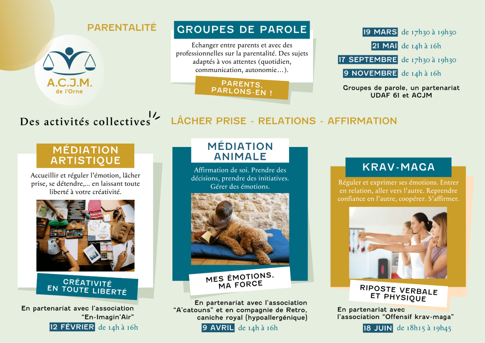 Programme des actions collectives de février à juin et dates de groupe de parole Parentalité